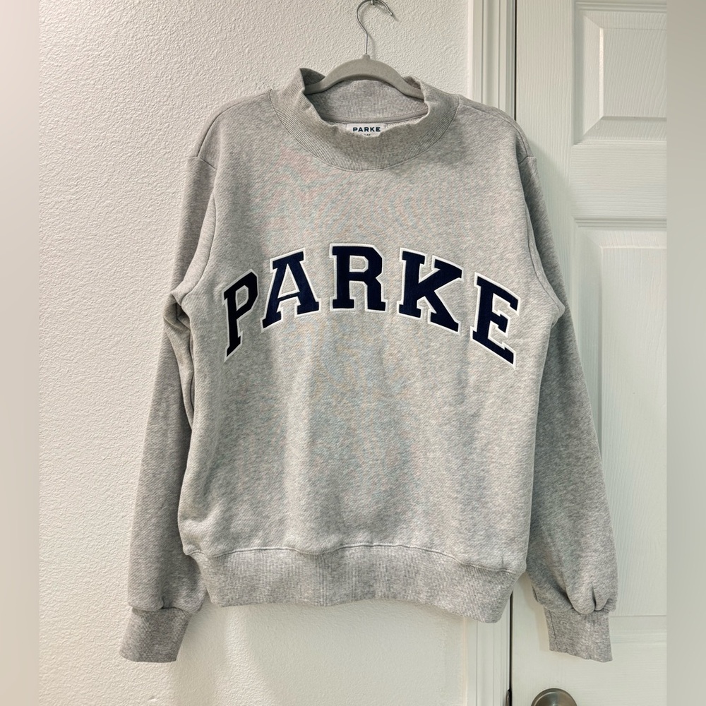 PARKE MOCK NECK OVERSIZED SWEATSHIRT GREY WITH BLUE LETTERING SZ S/M - Picture 2 of 6